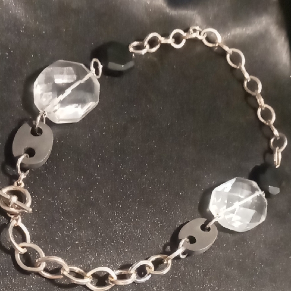 Silver & Black chunky crystal cut gems oval link toggle clasp collar necklace